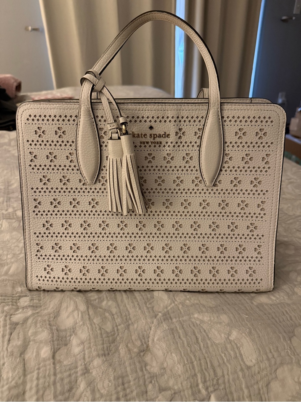 Kate Spade New York White Perforated Pebbled Leather Satchel Tote Tassel